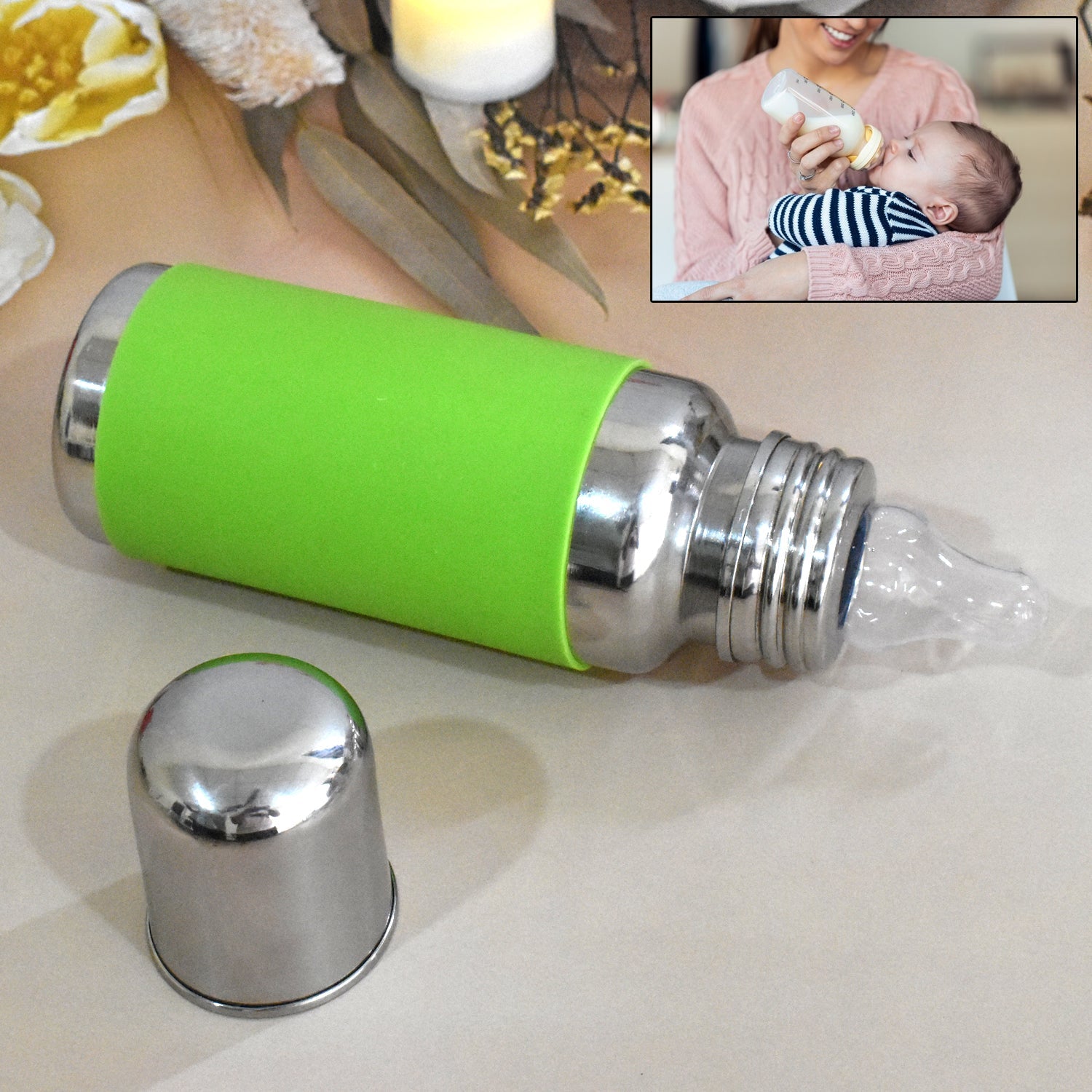 Stainless Steel Baby Feeding Bottle, Milk Feeding Bottle With Silicove Grip Cover (250 ML) Stainless Steel Baby Feeding Bottle, Milk Feeding Bottle With Silicove Grip Cover (250 ML)